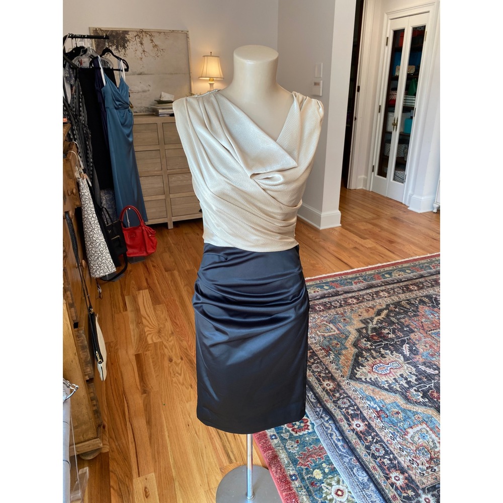 United Bamboo Draped Cowl Neck Ruched Colorblock Cocktail Dress Size 0 Navy Gold